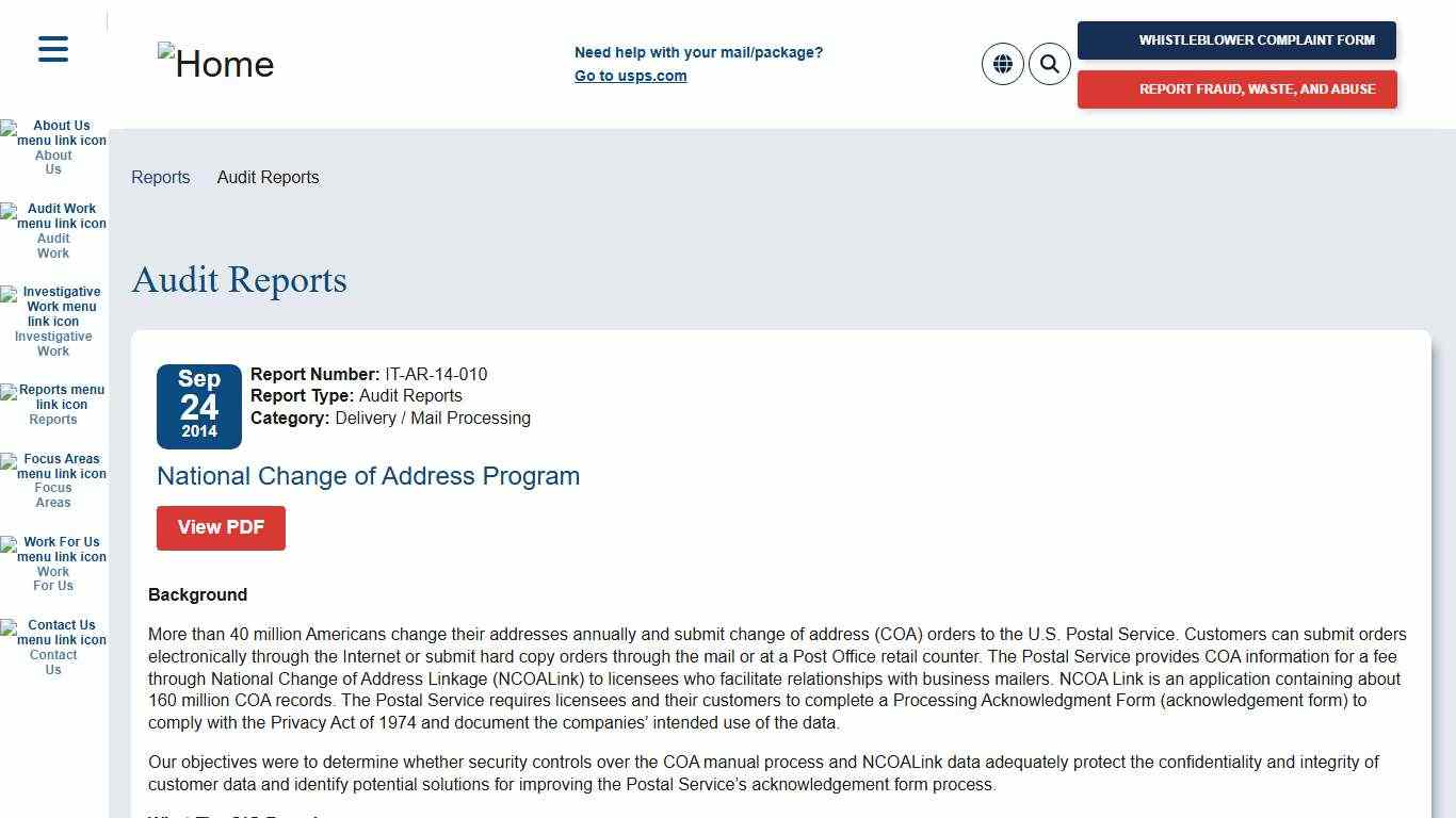 National Change of Address Program Office of Inspector General OIG